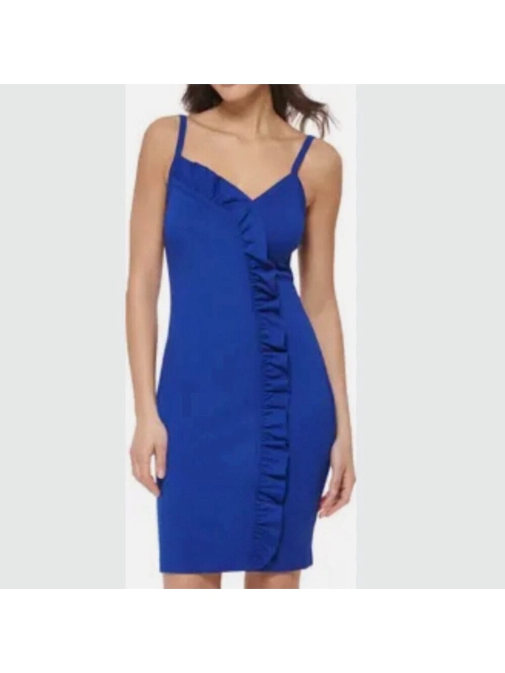 Guess Blue Ponte Ruffle-Front Thin Strap Mini Dress